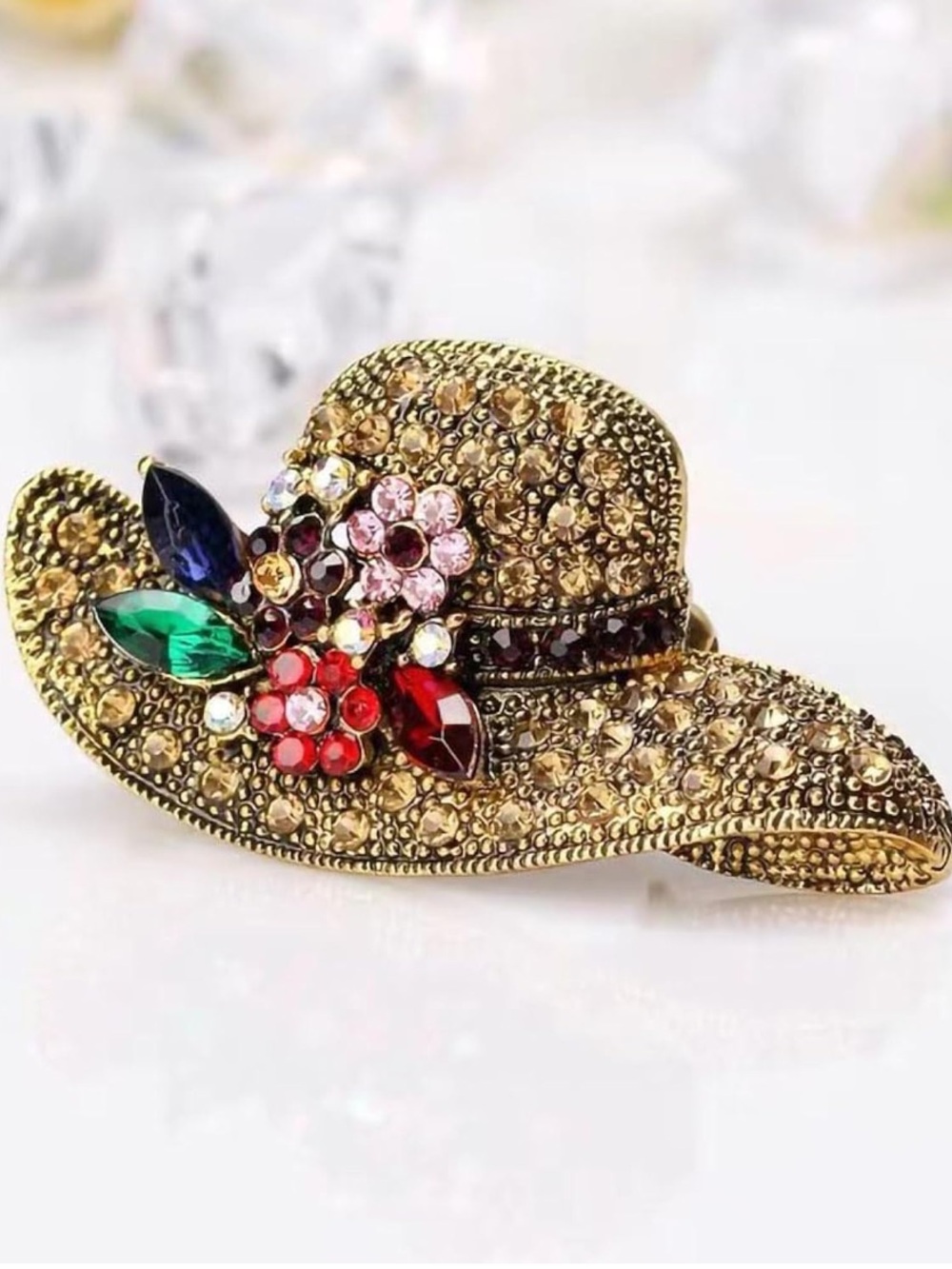 Anthropologie Gold-Tone Hat Brooch with Multicolor Gem Accents